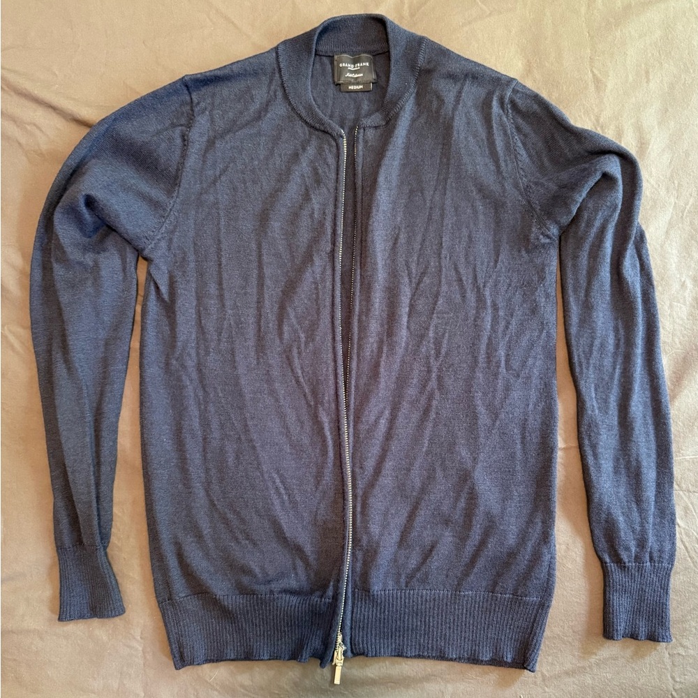 Blue Zip Up Sweater with Ribbed Cuffs and Hem